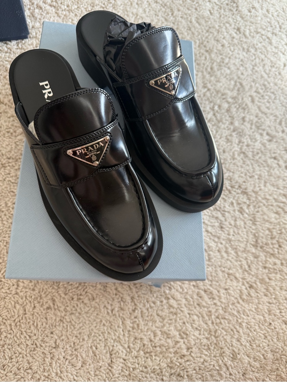Prada Black Patent Leather Slip-On Mule Loafers with Logo Plaque
